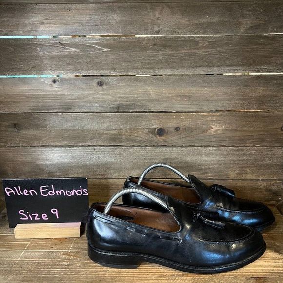 Mens Allen Edmonds Saratoga Black Leather Tassel‎ Slip On Shoes Loafers Size 9 A - Picture 1 of 6